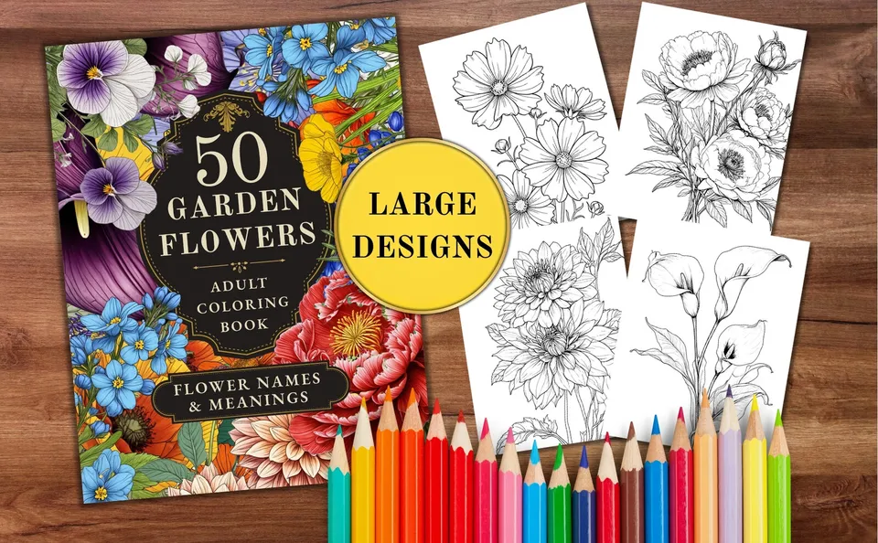 50 Garden Flowers — colored pages and book preview