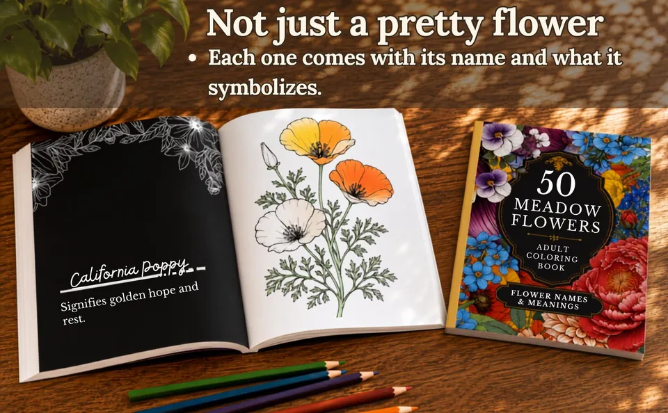 50 Meadow Flowers — colored pages and book preview
