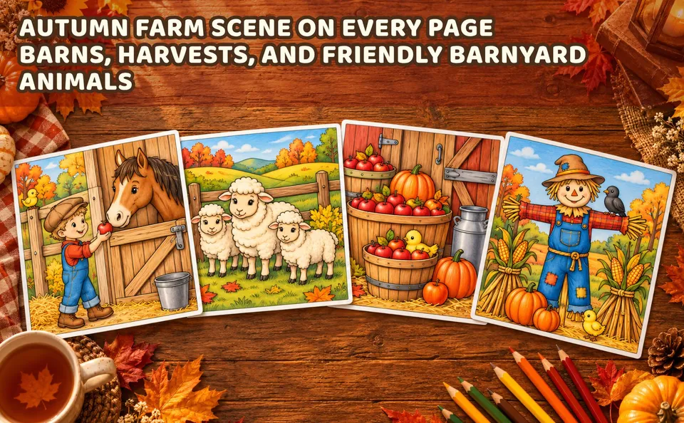 Autumn Farm Scenes — colored pages and book preview