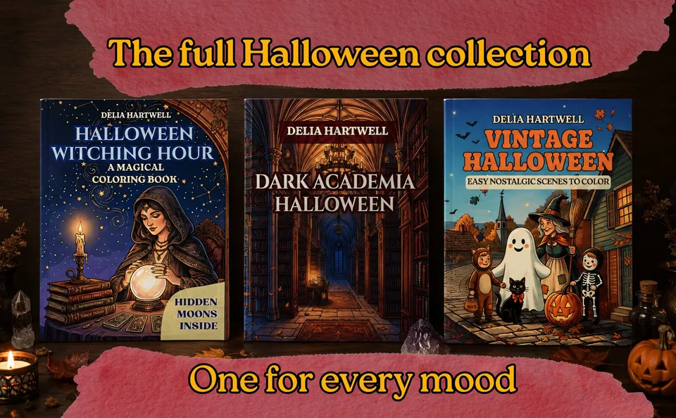 The full Halloween collection: Halloween Witching Hour, Pumpkin Nights, Dark Academia Halloween and A Vintage Halloween