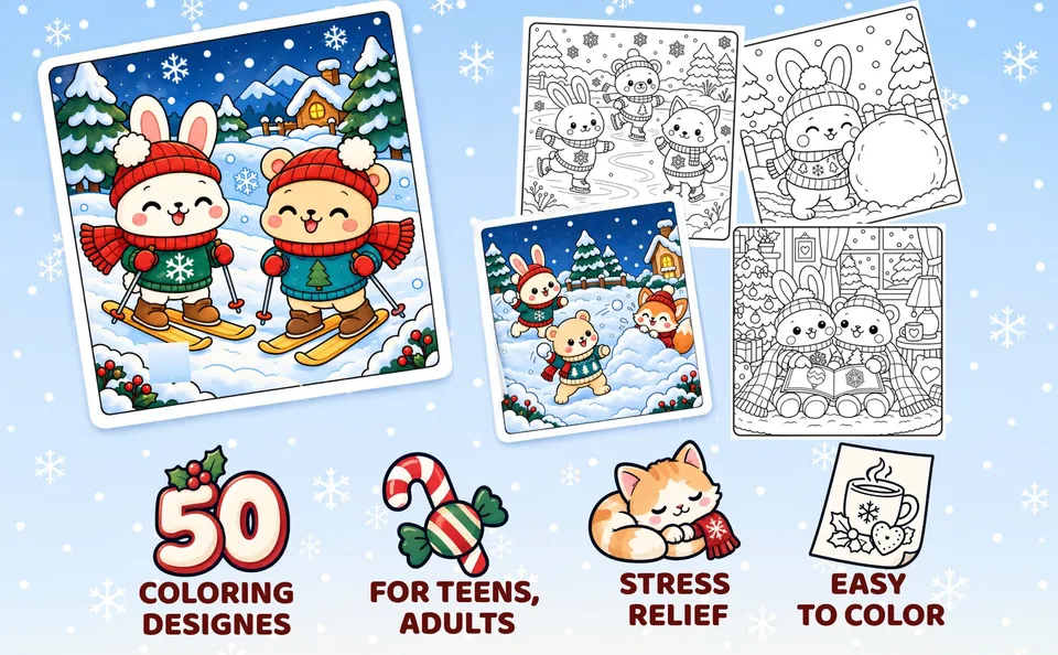 Cozy Winter Wonderland — colored pages and book preview